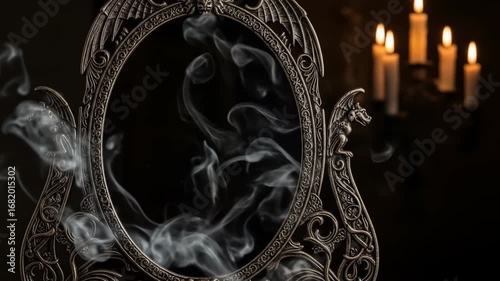 Ornate gothic mirror with gargoyles and ethereal smoke representing  dark magic ceremony