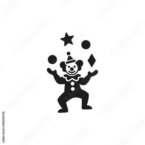 Black and white illustration of a juggling clown.