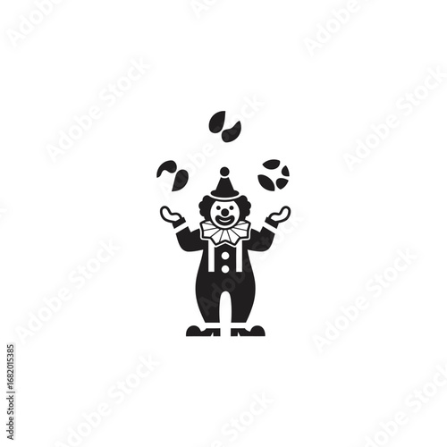 Black and white illustration of a juggling clown.