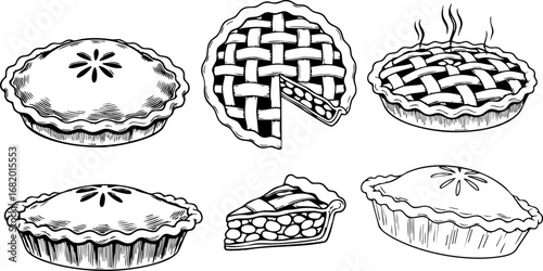 Various classic black and white hand-drawn pie illustrations with lattice and solid crusts 
