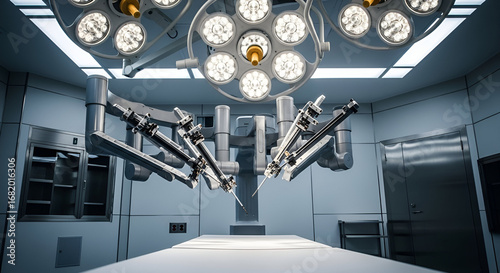 Advanced surgical robotic system poised in a sterile modern operating room setting