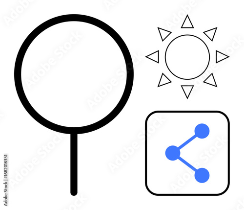 Magnifying glass, sun with rays, and network link icon symbolize exploration, visibility, connection, innovation, discovery, information sharing and growth. Ideal for research teamwork and simple