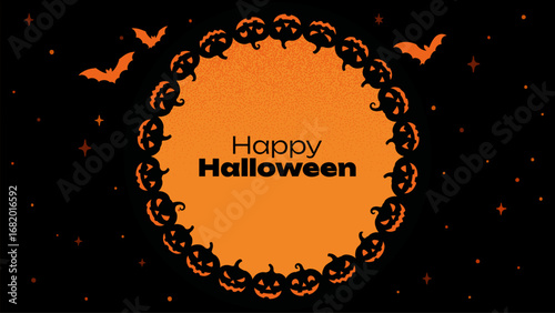 Happy Halloween text on orange circle background with pumpkin and bat border. Holiday banner for autumn party invitation.