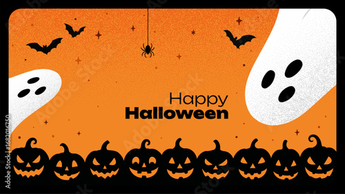 Happy Halloween festive background with spooky ghosts, black bats, and carved pumpkin decorations. Seasonal party concept.