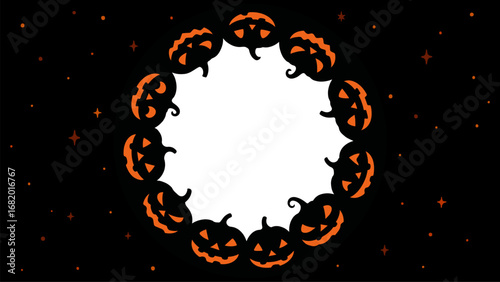 Halloween pumpkin frame. A circular border made of jack-o'-lantern silhouettes on a black background for holiday design or greeting cards.