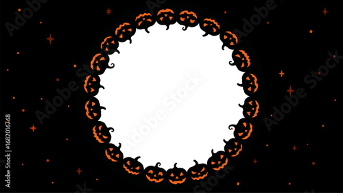 Halloween pumpkin frame. Scary jack o lantern with copy space. Spooky holiday background for party invitation.