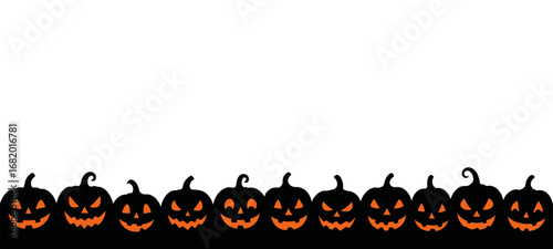 Black Halloween pumpkin silhouettes with orange glowing faces at the bottom with white background. Jack o lantern banner for holiday design.