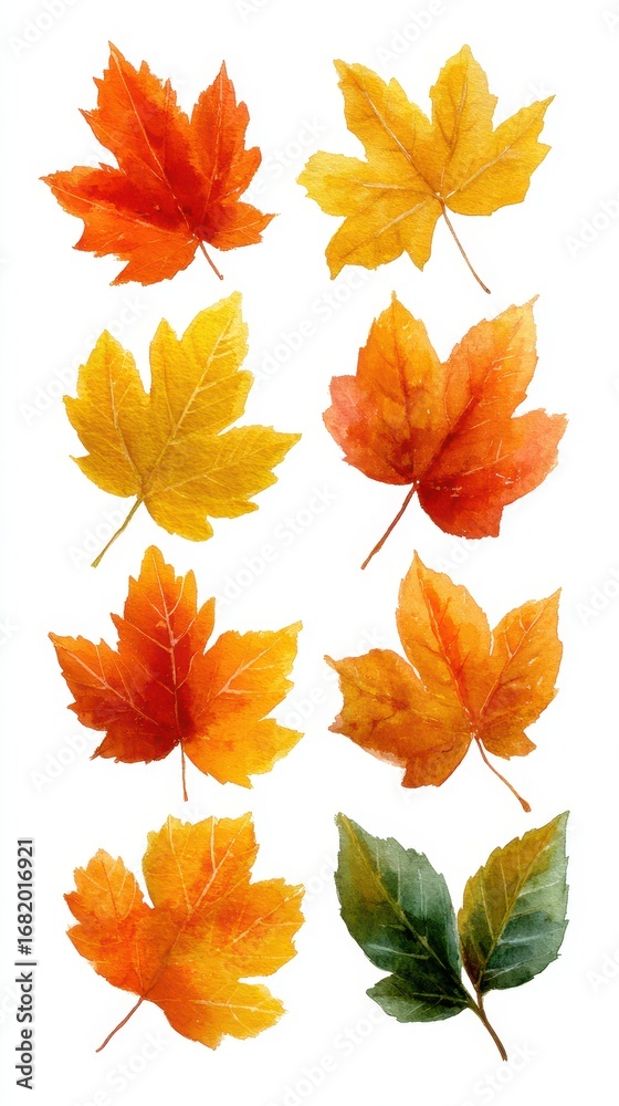 Fototapeta premium Colorful autumn leaves displayed in a vertical arrangement celebrating seasonal change and nature's beauty