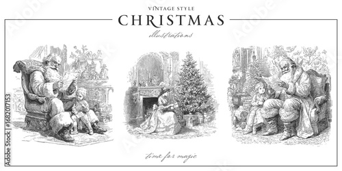 Set of traditional European Christmas scenes. Vintage engraving or ink drawing style vector illustration.