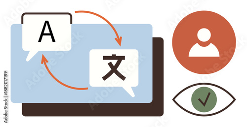 Speech bubbles with language letters, translation arrows, user icon, eye with checkmark. Ideal for linguistics, communication, AI, accessibility education inclusivity technology. Simple flat