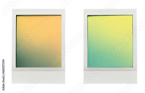 Two square, pastel-toned instant photos.  One is a gradient of orange to muted green, the other a gradient of yellow to teal, both framed in white