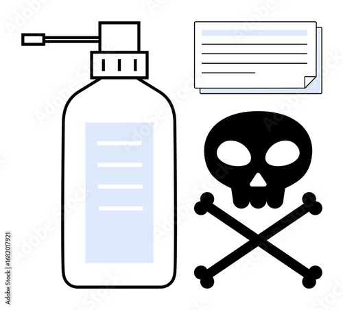 Hazard bottle with a nozzle, a black skull and crossbones, and a safety label, symbolizing toxic substances. Ideal for safety, hazard, chemical warning, poison science danger caution. A simple