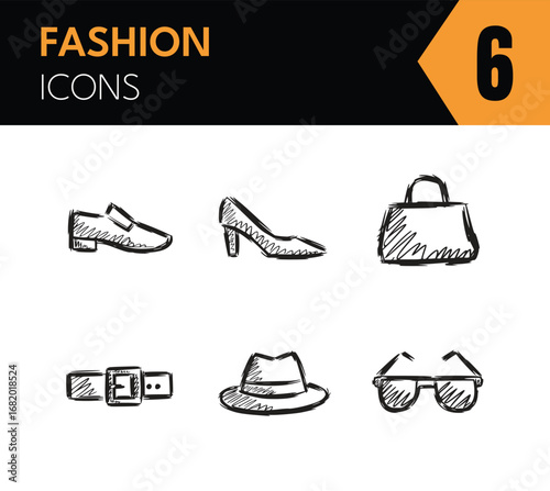 Vector art of collection of fashion accessories featuring shoes, handbag, belt, hat and sunglasses in a handdrawn sketch style, perfect for fashion, style and design related projects