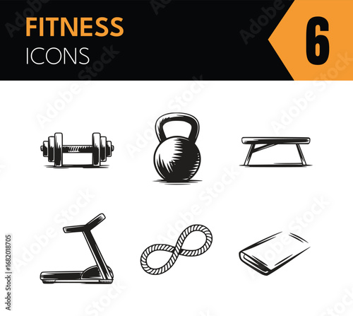 Vector art of hand drawn sketch icons of fitness and gym equipment, including dumbbell, kettlebell, bench, treadmill, rope, towel and other symbols of workout and exercise
