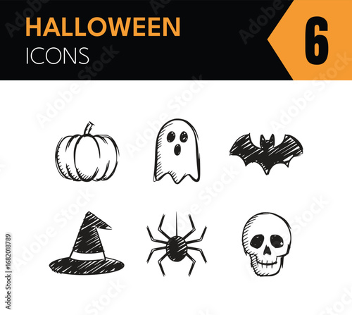 Vector art of halloween icons pumpkin, ghost, bat, witch hat, spider, and skull in a handdrawn sketch style for spooky, scary, and holiday concepts for autumn fall season