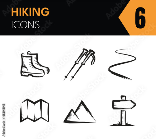 Illustration of hiking equipment shows boots, hiking poles, a trail, a map, a mountain, and a signpost in a simple sketch style for outdoor adventures