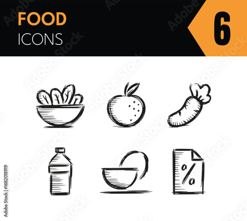 Illustration of healthy food and discount shows a bowl of salad, an apple, a carrot, a bottle of water, an egg, and a percentage sign in a simple sketch style