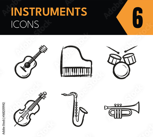 Vector art of hand drawn sketch of various musical instruments, including a guitar, piano, drums, violin, saxophone, and trumpet in a vintage doodle style for decorative design elements