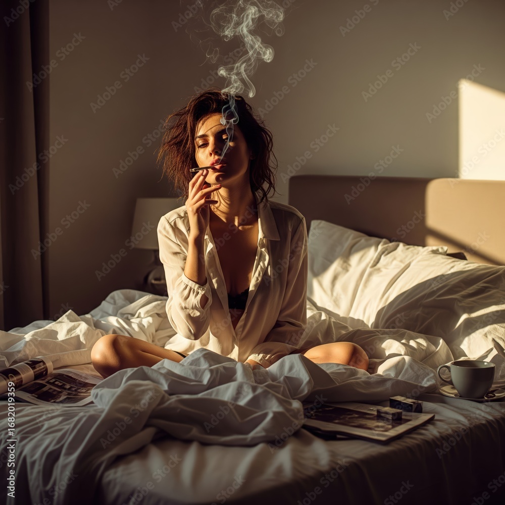 Obraz premium Woman sits cross-legged on a bed, smoking a cigarette in the morning light, surrounded by magazines and a coffee mug, creating a relaxed and intimate atmosphere .