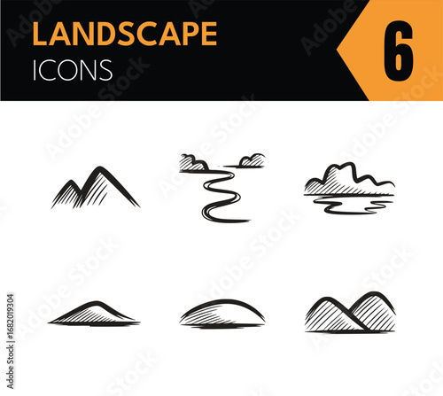 Vector art of collection of handdrawn mountain and landscape icons featuring various mountain peaks, hills, rivers, and scenic views in a simple, artistic style for travel and nature themes