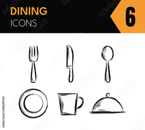 Vector art of handdrawn cutlery and tableware icons featuring a fork, knife, spoon, plate, mug, and serving dish in a simple, artistic style for restaurant and kitchen themes