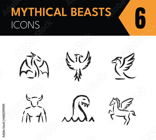Illustration of various mythical creatures, including a dragon, phoenix, griffin, minotaur, sea monster, and pegasus, drawn in a simple, sketchy style