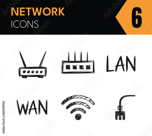 Vector art of hand drawn doodle set of internet connection icons, including router, wifi, lan, wan, and cable, perfect for illustrating network concepts and digital communication