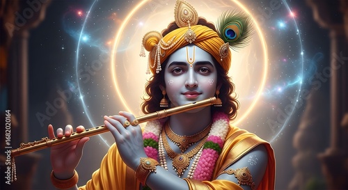 Enchanting Depiction of Lord Krishna Playing the Flute with Divine Radiance and Grace