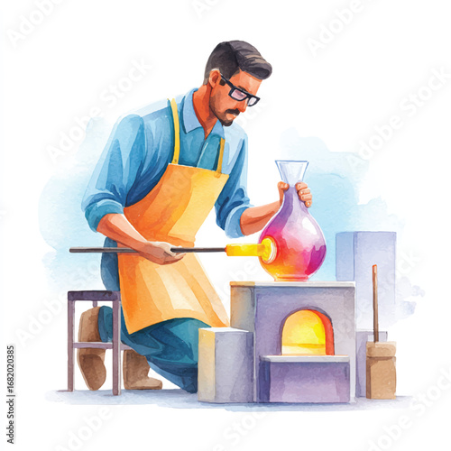 Focused Glassblower Shaping Molten Glass with Precision and Artistic Skill