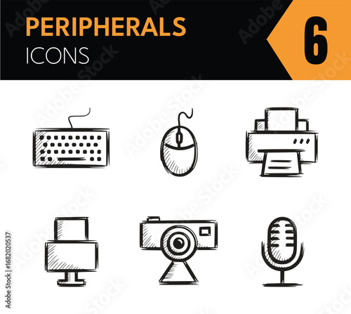Illustration of computer peripherals, including keyboard, mouse, printer, webcam, and microphone, representing office equipment and digital communication tools
