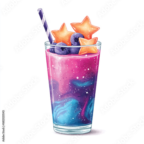 Galaxy Smoothie with Star Fruit and Blueberries Topped with Striped Straw