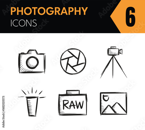Vector art of a collection of handdrawn photography icons, including a camera, lens, tripod, flash, raw file, and image, ideal for illustrating photography equipment and techniques