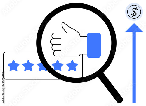 Magnifying glass over thumbs-up, five-star rating bar, upward arrow, and dollar sign. Ideal for customer satisfaction, online reviews, business growth, quality improvement, sales reputation simple
