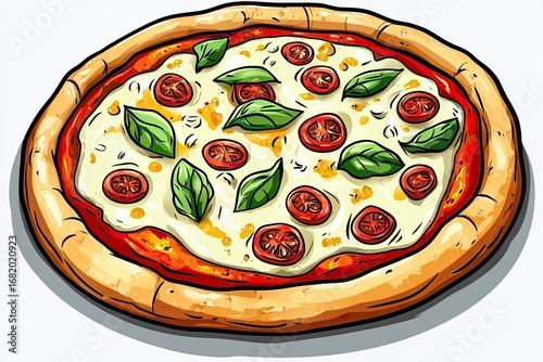 A cartoon illustration of a round pizza with a thin crust, topped with melted cheese, tomato sauce, cherry tomatoes, and fresh basil leaves