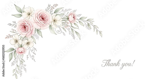 Elegant Watercolor Floral Arrangement Featuring Delicate Pink Roses and Greenery with a Charming Thank You Message