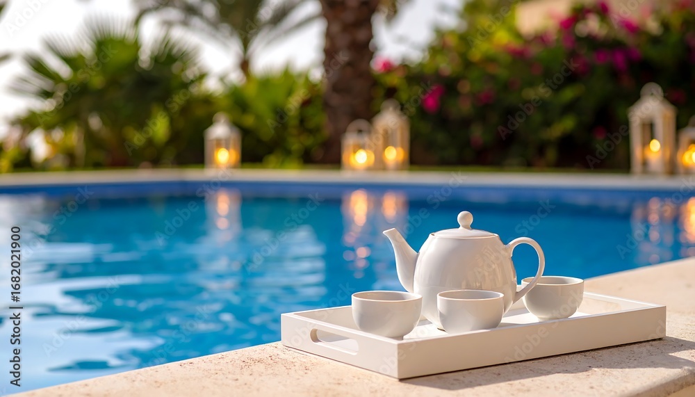 Obraz premium Relaxing tea by the pool