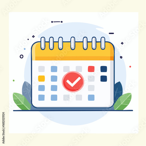Flat Design Calendar Icon With Red Checkmark
