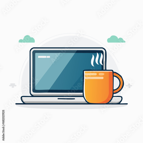 Laptop And Orange Coffee Cup Illustration