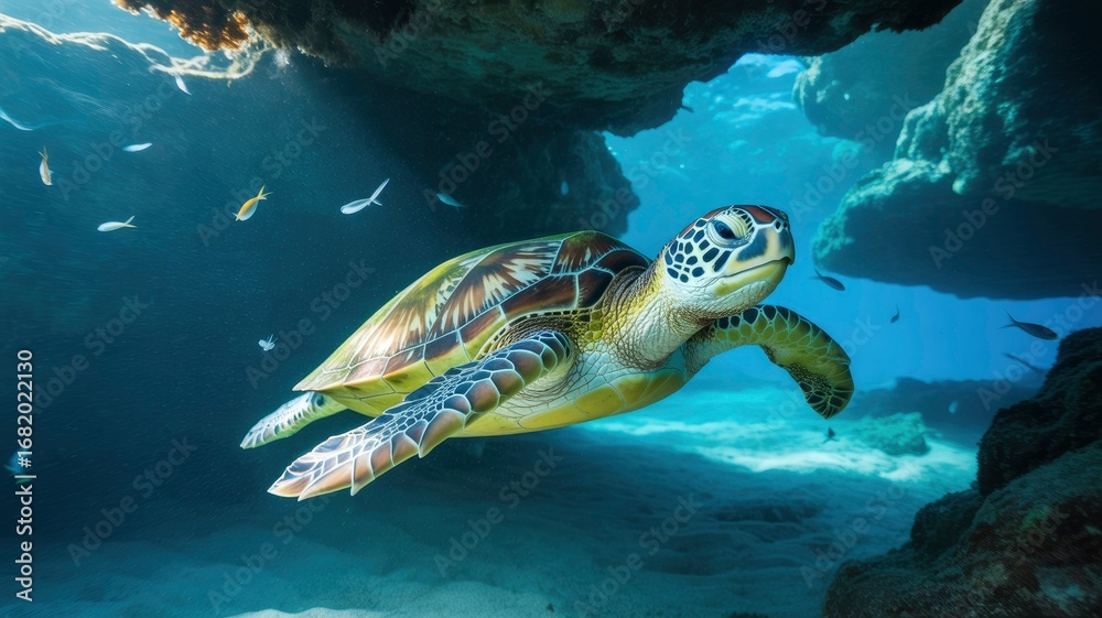 Fototapeta premium Majestic Green Sea Turtle Gracefully Swimming Through Underwater Cave