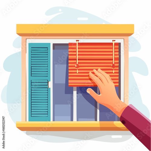 Hand Adjusting Orange Window Blinds On House Illustration