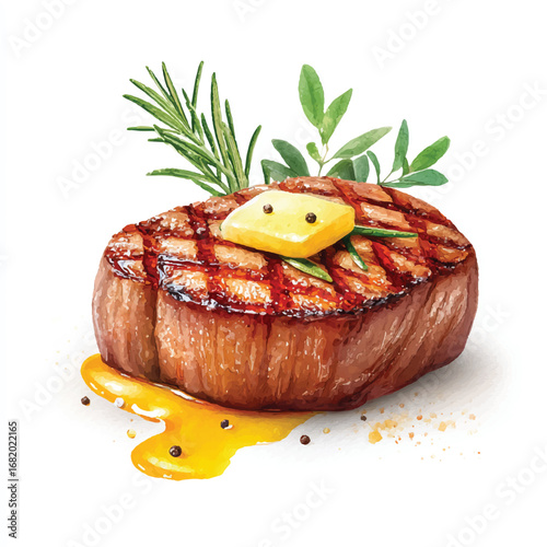 Grilled Steak with Herb Garnish Melted Butter and Drizzled Sauce