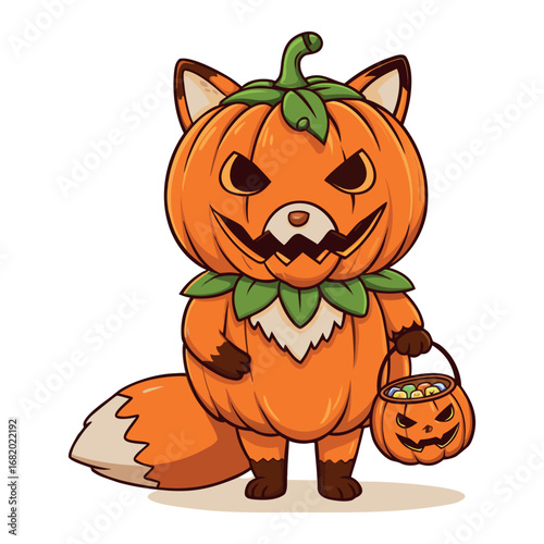 Adorable Halloween Fox Character in Pumpkin Outfit Cartoon Illustration