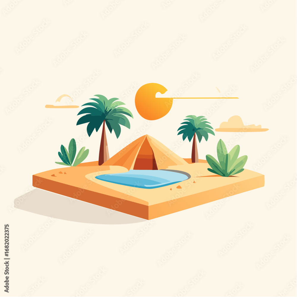 Obraz premium Isometric Desert Landscape Illustration With Pyramid And Oasis