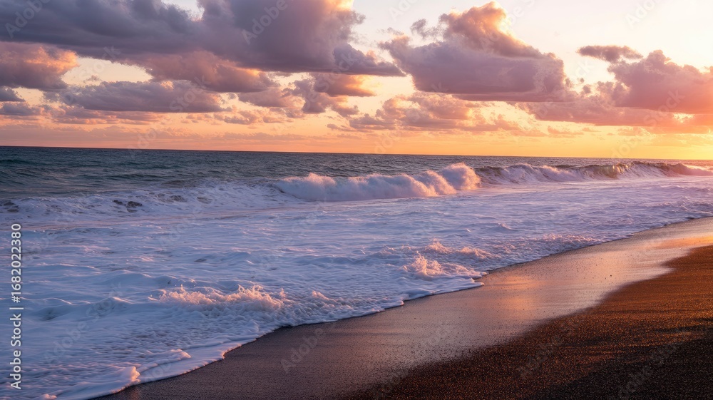 Fototapeta premium Serene Sunset Over Ocean Waves Crashing on Sandy Beach