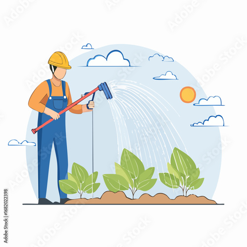 Gardener Watering Plants In Cartoon Style Illustration
