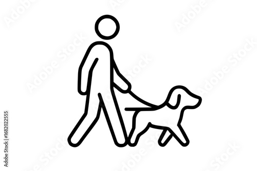 Minimalist black line icon of a person walking a dog on a leash
