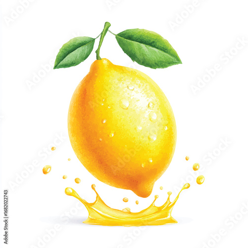 Juicy Lemon with Splashing Citrus Juice and Green Leaves
