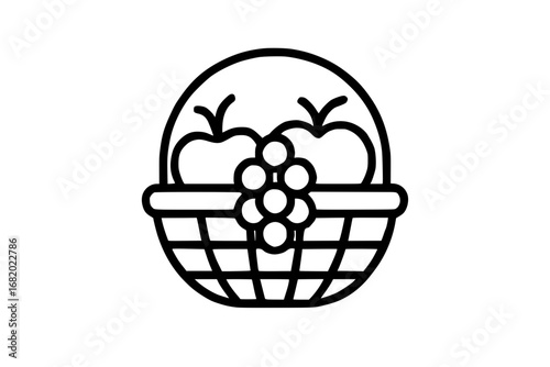 Simple outline icon of fruit basket with apples and grapes
