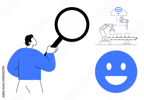 Person holding a magnifying glass inspects automation systems with cloud connectivity next to a large smiling face. Ideal for technology, innovation, analysis, automation, AI, quality control, simple