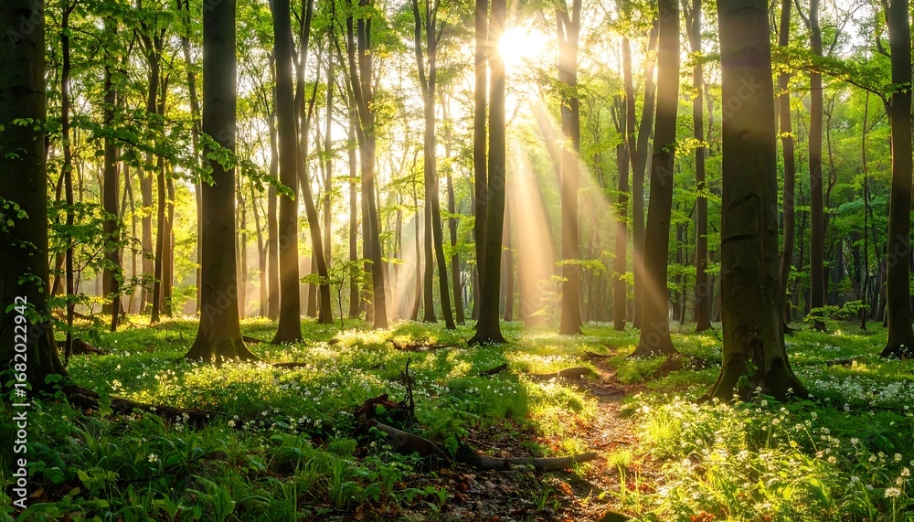 Naklejka premium Sunlight streams through a verdant forest, illuminating a pathway through a carpet of wildflowers.